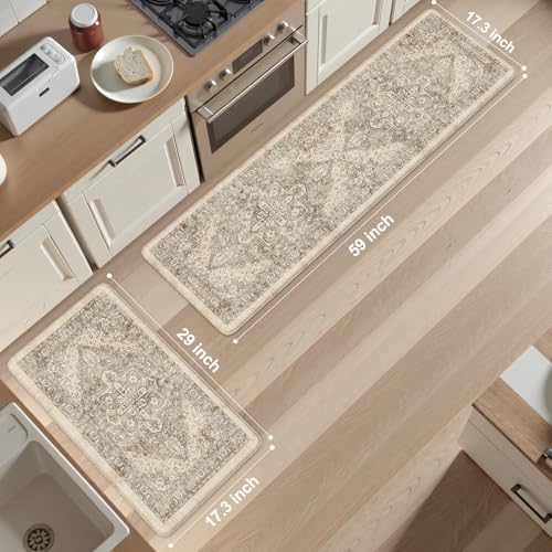 KIMODE Anti Fatigue Kitchen Mats 17"x59"+17"x29",Boho Kitchen Rugs Set of 2 | Non-Slip Cushioned Kitchen Mats for Floor, Waterproof Kitchen Floor Mats for Sink, Laundry, Office, Desk Khaki - color: Khaki/Multi, size: 17.3" x 59"+17.3" x 29"--0.47 inches