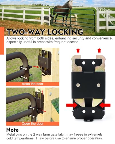 2 Way Farm Gate Latch, 2PC Heavy-Duty Lockable Fence Latch with Self-Locking Nut, Black Livestock Gate Latch Compatible with Pastures, Stables, Ranches, Horse Corrals,Farms - size: 2PC
