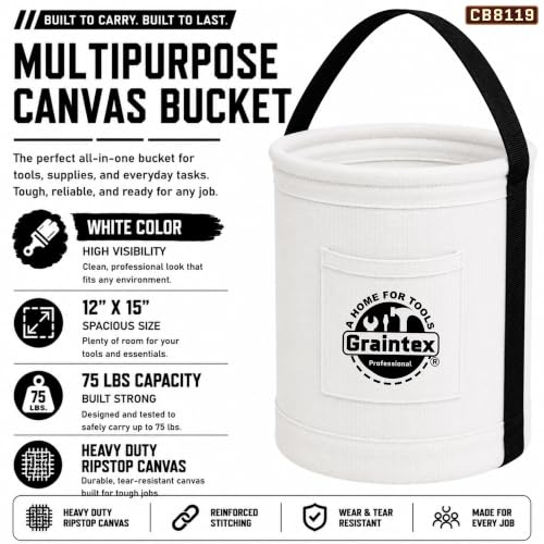 Graintex Canvas Utility Bucket 12"x15", Round Tool Bucket, Reinforced Base & Carry Handle, Ripstop Canvas, Multi-Purpose Bag for Jobsite, Home Use (White) - color: White