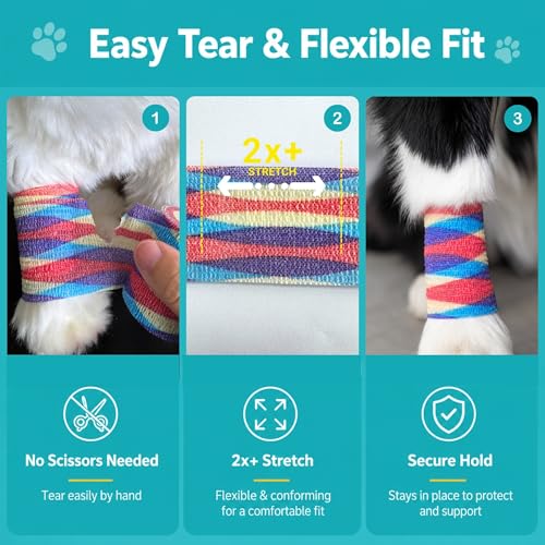 Dog Bandage Wrap, 6 Rolls 2" x 5 yd Stripe Print Pet Tape | Dog wrap bandage for paw & leg care, minor wounds, hotspots, broken nails, gauze pads & licking protection - color: RA-6ROLL-2IN