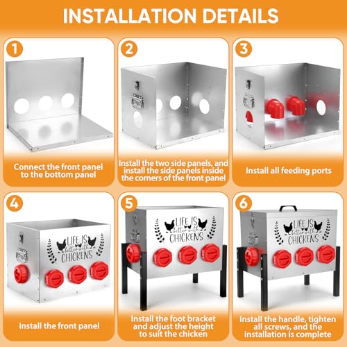 ‎Tgeyd 50LB Large Automatic Chicken Feeder – 8 Feeding Ports, No-Waste Poultry Feeder, with Adjustable Legs & Locking Lid - color: Cockscomb Red