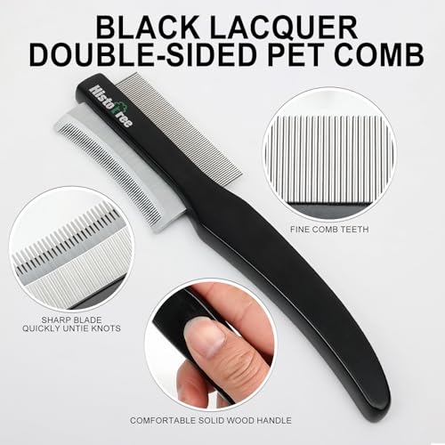 2-in-1 Dog Dematting&Deshedding Comb with Wooden Handle | Double-Sided Fine Tooth Metal Flea Comb for Dogs&Cats,Stainless Steel Deshedding Blade,Remove Loose Hair Tangles Dirt Fleas