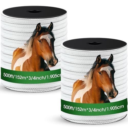 2 Rolls 500 ft x 3/4 Inch Electric Fence Polytape for Horse Livestock Cattle, High Visibility Electric Fencing Tape for Farm Temporary Horse Fence (White) - size: 500ft x 3/4in