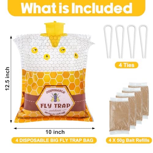 4 Pack Disposable Fly Traps Outdoor, Hanging Fly Bags for Patio Farm Ranch | Fly Hunter with Bait for Flying Insects, Waterproof Fly Catcher for Chicken Coop Barn - size: 4 Pack