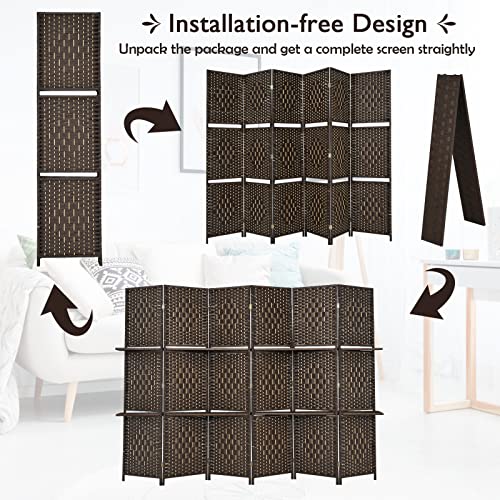 Giantex 6Ft 6 Panel Room Divider with Shelves, Freestanding Hand-Woven Rattan Folding Privacy Screens for Room Separation, Wooden Partition Room Divider Wall for Home Office Studio Separator - color: Brown