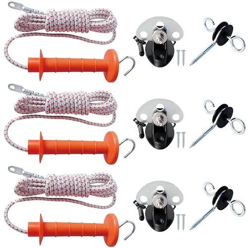 3 Pack Electric Fence Bungy Gate Kit - Expands 13ft to 23ft Heavy Duty Bungee Rope Gate for Livestock and Horses | Includes Insulated Handle, Pinlock 3-Way Insulator & Anchor for Farm Pasture Fence