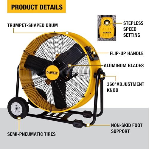 DEWALT 24 Inch Floor Fan, 360° Adjustable Tilt Drum Fan with Wheels DXF2490 | Max 6500CFM Stepless Speed Quick Cooling Metal Industrial Fan Heavy Duty Air Mover Large Wheels for Garage/Warehouse/Barn - style: DXF2490