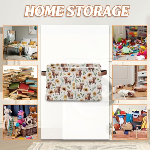 Rectangle Highlandcow Storage Basket, 14.9"11"9.4" Collapsible Box Bin with Handles - color: Highlandcow-white