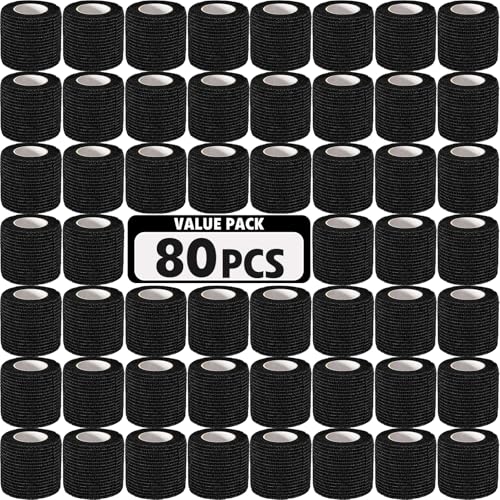 AZEN 80 Pack Self Adhesive Bandage Wrap Black, 2" X 5 Yards Black Athletic Tape, Vet Wrap, Tattoo Grip Tape Wrap，Ankle Tape, Cohesive Bandage Wrap - color: Black, size: 2IN - 80Pack