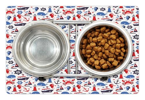 Lunarable Nautical Pet Mat for Food and Water, Steering Wheel Crab Cartoon Style Happy Fun Art Underwater World, Non-Slip Rubber Mat for Dogs and Cats, 18" X 12", Indigo Blue - color: Indigo Blue