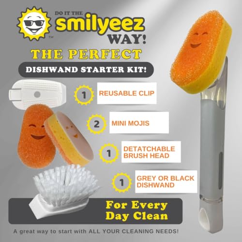 Smilyeez Grey Soap Dispensing Dish Wand – Scrub Brush + 2 Cute Non-Scratch Sponge Heads - color: Gray