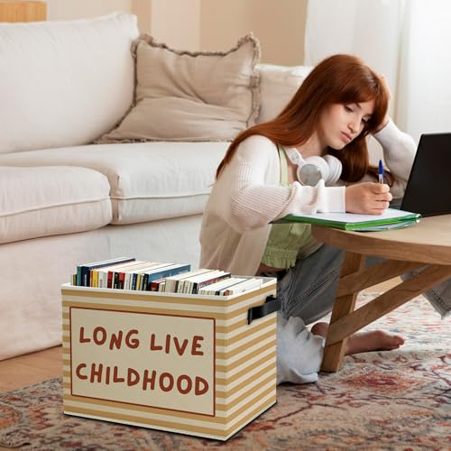 Kids Storage Bins Box with Handles, Burnt Orange Striped Collapsible Basket Organizer for Kids Room Nursery Bedroom Bathroom Books Clothes - color: Color14