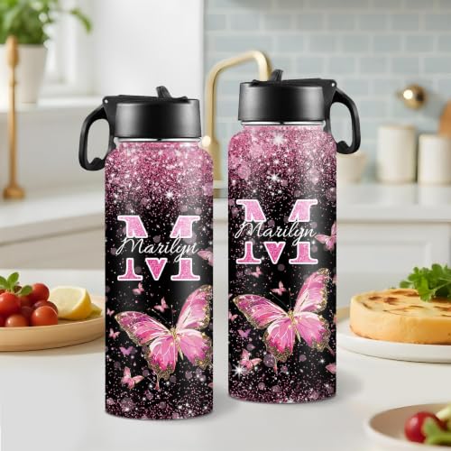 Personalized Butterfly Water Bottle for Girls with Name | 18oz, Stainless Steel, With Straw, Back to School Birthday Gift - color: Color 10