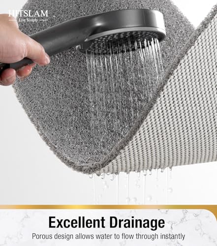 HITSLAM Oval Loofah Shower Mat Non Slip, 27x16 Inch, Grey | Bath Mat for Textured Tub & Inside Shower Stall, No Suction Cups Quick Drying PVC Porous Floor Mat, Soft Foot Exfoliating - color: Grey