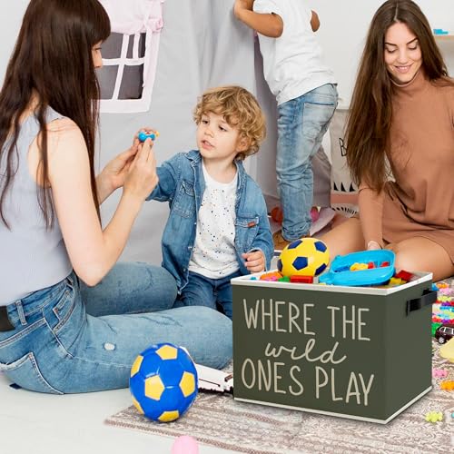 Olive Green Boho Classroom Storage Bins Box with Handles, Where the Wild Ones Play Collapsible Basket Organizer for Kids Playroom Nursery Bedroom Bathroom Books Clothes - color: Color03