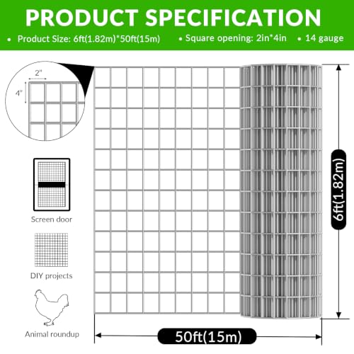 Welded Wire Fence 2‘’x 4‘’ 6ft x 50 ft,Vinyl Coated Welded Wire Mesh Roll,14GA Heavy Duty Galvanized Chicken Wire Fencing, Hardware Cloth for Yard Vegetable Protection Goat & Poultry Netting - size: 2‘’x 4‘’ 6ft x 50 ft
