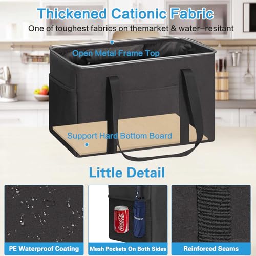 LHZK 2 Pack Utility Tote Bag with Metal Wire Frame and the Sides Rinforced, Large Tote Bag with Handle, Reusable Grocery Bags Foldable, Beach Bag, Car Tote (Black, 18.5''x11.8''x11.5'') - color: Black, size: 18.5''x11.8''x11.5''-2 Pack