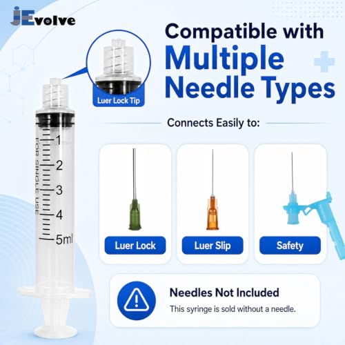 100 PCs Dental Grade 5ml Syringe Without Needle by JEVOLVE | Clear Rubber Head Non Sterile Syringes Perfect for Scientific Labs, Industrial Art & Crafts