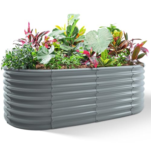 Land Guard 24“ Tall 4×2ft Galvanized Raised Garden Bed Kit, Galvanized Planter Garden Boxes Outdoor, Oval Large Metal Raised Garden Bed for Vegetables(Modern Gray, 4×2×2ft) - color: Modern Gray, size: 4×2×2ft