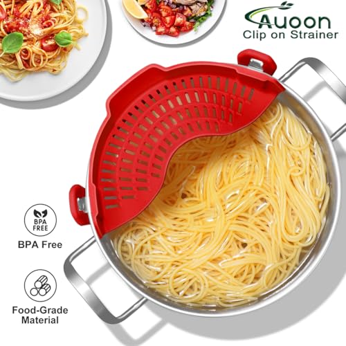 AUOON Pot Strainer Clip on Silicone, Large 10.45 x 4.33 in, Red | Fits Pots Pans Bowls, Dishwasher Safe, for Pasta Noodles Vegetable Fruits, Space-saving Kitchen Gadget - color: Red, size: Large 10.45 x 4.33 in