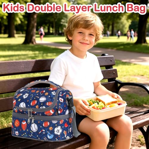FlowFly Double Decker Cooler Insulated Lunch Bag Large Tote for Boys, Girls, Men, Women, With Adjustable Strap, Football - color: Football