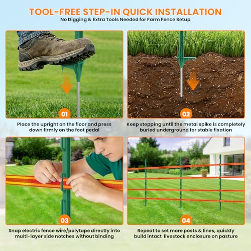 25 Pack Electric Fence Posts, 48 Inch (4 FT) Temporary Plastic Step-in Fence Post for Electric Fencing and Yard Protection