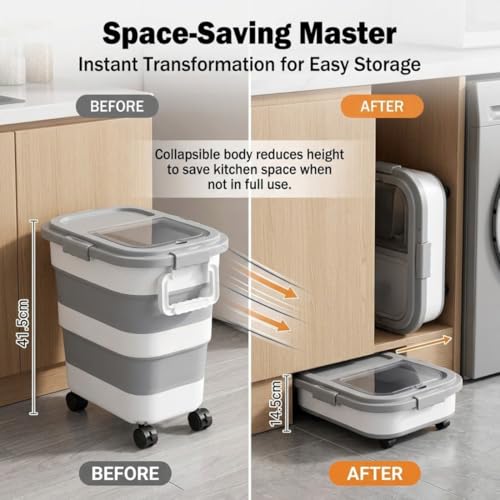 Collapsible Pet Food Storage Container, Airtight Dry Kibble Container with Detachable Wheels and Handle Storage Bin, Foldable Dog Cat Food Holder for Pantry Organization, 22-24 lbs