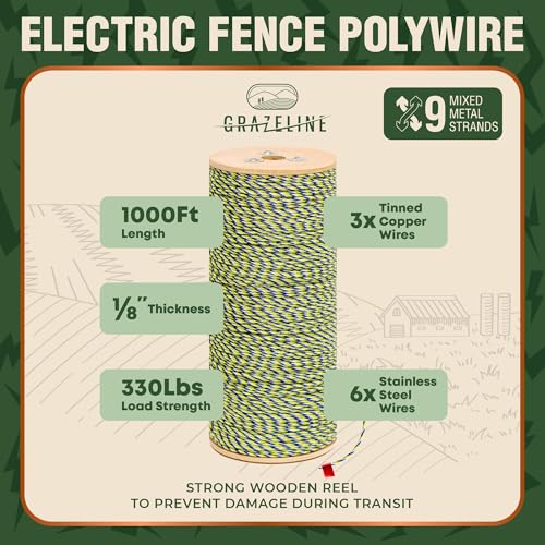 Electric Fence Polywire 9-Strands 1/8” 1000ft - Hot Wire 0.3 Ohm Resistance | 330lb Strength Tinned Copper & Stainless Steel - Suitable for Horses Livestock Rotational Grazing & Pasture Electric Fencing - size: 1000 ft