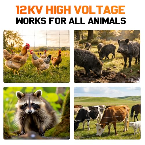 12KV DC AC Powered Electric Fence Charger, 15 Miles 4 Joules, LED | LED Indicator Light, High Power Pulse Energy, Waterproof, for Livestock,Farm Animals, Pets, Poultry, Ranches and Gardens - color: Orange