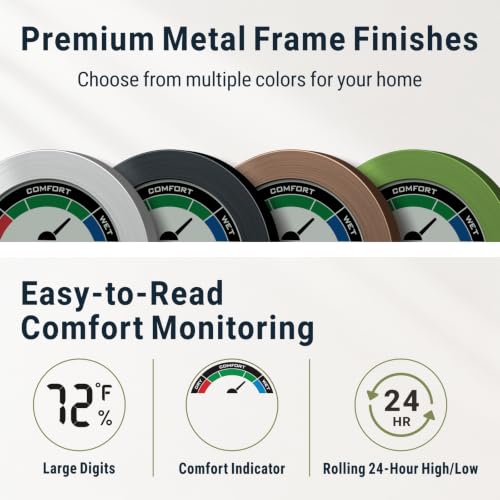 Digital Hygrometer Indoor Thermometer, Brushed Metal Frame, Green | Large round display, clear digits, accurate readings, comfort gauge, humidity meter, room temperature and humidity monitor - color: Green Stainless