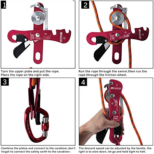 NewDoar Climbing Stop Descender Rappelling Belay for Ropes 10-12mm The Novices for Rescue & Arborist CE Certification - color: red