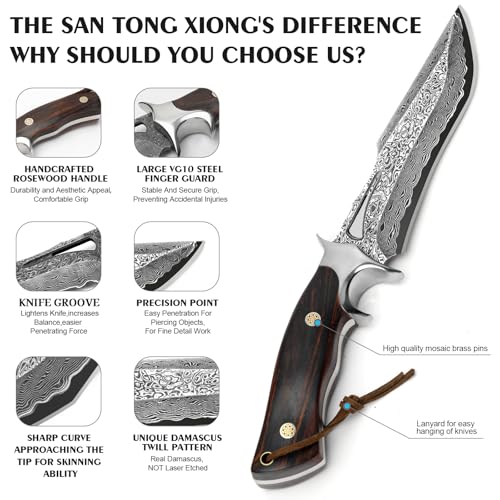 Real Damascus Hunting Knife, 10.4" VG10 Bowie Leather Sheath | 67-layer forged craftsmanship with authentic rosewood grip and durable cowhide exterior cover for outdoor camping tasks - style: Damascus Steel-1