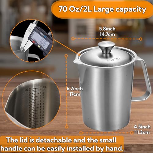 70 Oz Stainless Steel Pitcher with Lid, Graduated Measuring Cup | Stainless steel, 2L large mouth design, with lid, for latte art/iced tea/water, milk frothing jug, hot & cold drinks