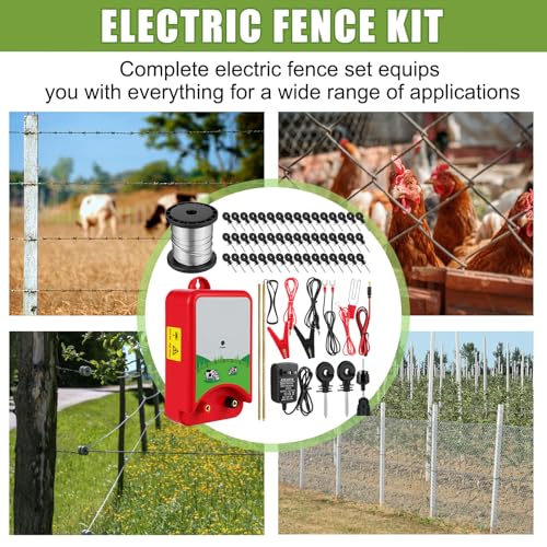8 Mile Electric Fence 12000V 1.5Joule Electric Fence Charger Kit with Copper Ground Rod Insulator Socket Tool Aluminum Wire for Containing Dog Livestock