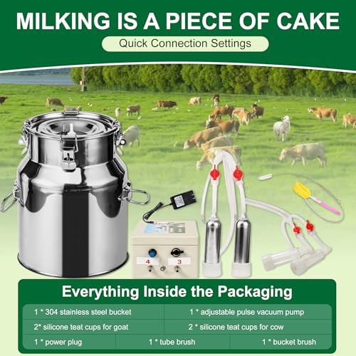 Upgrade 2-in-1 Goats and Cows Milking Machine, 3.7Gal/14L Food-Grade Stainless Steel Bucket with 5200mAh Built-in Rechargeable Battery, 4 Teat Cups, Cordless Pulsation Vaccum Electric Milking Machine - size: 14L
