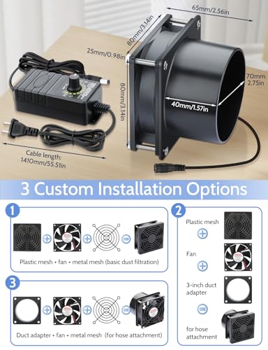 Wathai 80mm 12V DC Axial Exhaust Fan Small Fume Extractor with AC Plug | Dual Ball Bearing Fan with Variable Speed Controller for Soldering, 3D Printer Enclosure, Ventilation, DIY Cooling - style: 80x25mm 1 duct