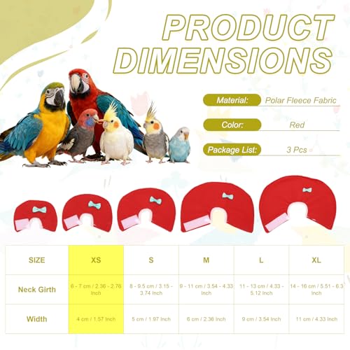 Bird Collars, Bird Cone Collar Protective Recovery Cones, Soft Adjustable Anti-Bite Feather Neck Protector (Red, XS, 3 Pcs), Intended for Budgie/Cockatiel/Lovebirds - color: Red, size: XS