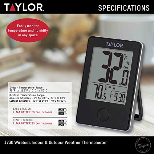Taylor Wireless Digital Indoor Outdoor Thermometer, Easy to Read Numbers for Patio, Pool, and Indoor Areas, LCD, Black - color: Black