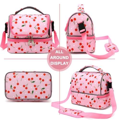 FlowFly Kids Double Decker Cooler Insulated Lunch Bag Large Tote for Boys, Girls, Men, Women, With Adjustable Strap, Cherry - color: Cherry
