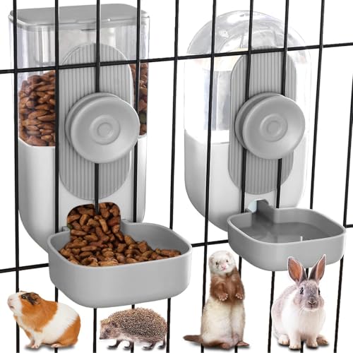 Kenond 35oz Rabbit Feeder,Bunny Water Dispenser,Pet Water Bottle for Cage | Hanging Auto Ferret Food Water Dispenser, Auto Gravity Pet Feeder and Waterer Set, Cage Cat Food Bowl Dog Feeding Station - color: Gray Waterer and Feeder
