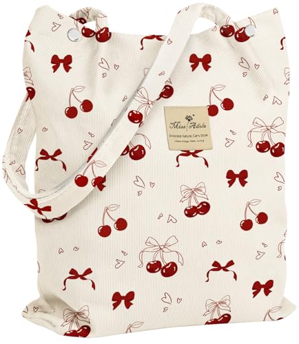 Miss Adola Corduroy Tote Bag for Women with Aesthetic Design | Magnetic Buckle & Pocket, Reusable, Soft, Roomy, Long Shoulder Handles, Double-sided Print, Casual Daily Work, Grocery Bags - color: Bow Cherry, size: Large