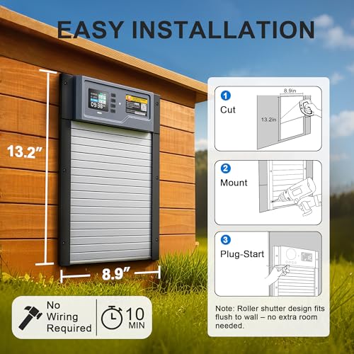 Automatic Chicken Coop Door, Solar Powered Roll-Up Chicken Door with Light Sensor, Timer & Manual Mode, 2500mAh Battery, USB-C Backup, Aluminum Frame, Anti-Pinch, for Chicken Coop Size:13.2''x8.9''
