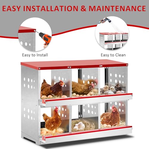 Outvita Chicken Nesting Box, 6 Compartments Roll Away Nesting Boxes, 6 Room Wall Mountable Egg Laying Boxes for Hen, Red - size: 84.0"L x 43.0"W x 60.5"H