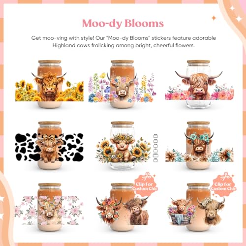 Kaciola 10 Sheets UV DTF Cup Wraps for 16 oz- Highland Cow Theme UV DTF Stickers, 1 Sheet Mysterious Pattern Transfer, Rub on Transfers Stickers for 16 oz Libbey Glasses Crafting - style: Highland Cow