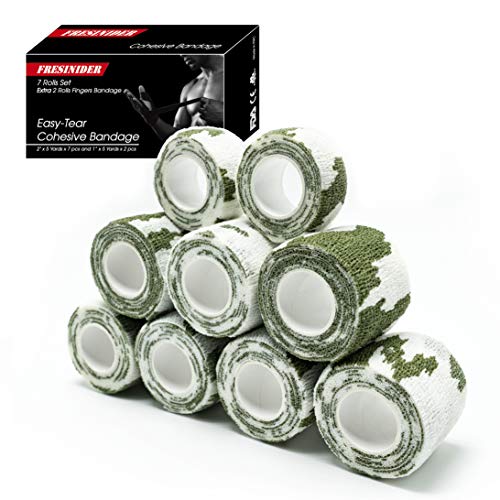 FRESINIDER 9 Rolls Self Adhesive Wrap Athletic Tape Gauze, Breathable Elastic Cohesive Bandage for Sports Injury & Pet (7 Pcs 2" x 5 Yards + 2 Pcs 1" X 5 Yards) (Snow Camo) - color: Snow Camo