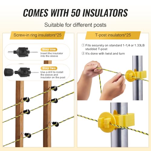 VEVOR Electric Fence Wire, 1640Ft 500M Portable Polywire, 1/8" Diameter 6 Stainless Steel Strands, Fencing Rope Line with 25 Fence Insulators and 25 T-Post Insulators, for Horse, Cattle, Livestock - size: 1640Ft 500M, style: 1/8" Strands
