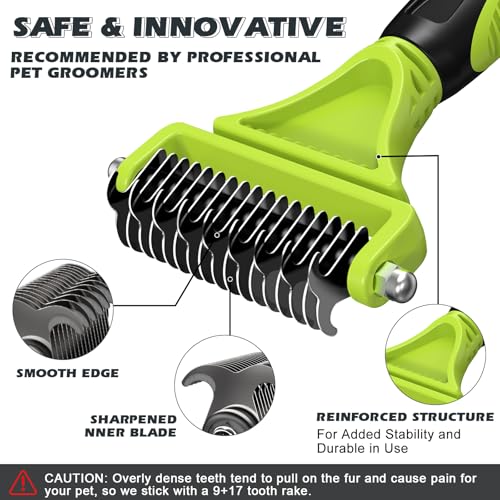 3PCS Pet Grooming Rake & Metal Comb & Flea Comb for Cats and Dogs, Double-Sided Dematting Tool, Extra-Wide Deshedding Dog Brush for Long Hair to Effectively Remove Tangles, Knots and Mats (Green) - color: C-Green