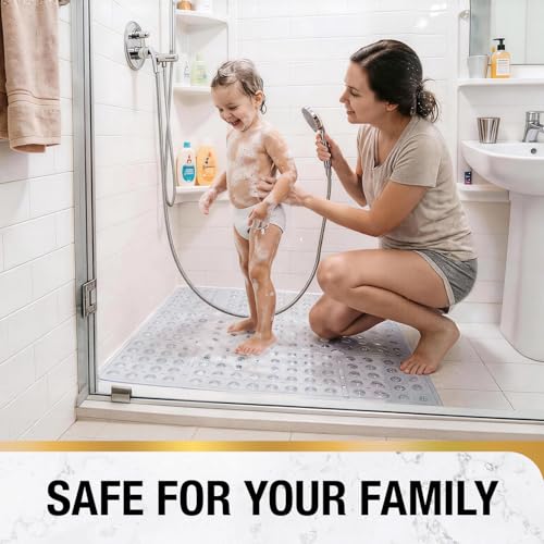 HITSLAM Square Shower Mat 27x27 Inch, Extra Large Non Slip Shower Mats for Inside Shower Stall, Anti Slip Bath Floor Mat with Strong Suction Cups & Drain Holes, Machine Washable, Clear - color: Clear