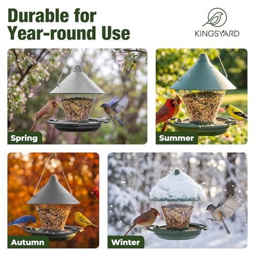 Kingsyard Wild Bird Feeder for Outdoors Hanging | No-Spill Seed Tray, Circular Perch with 360° Feeding, 4 lb Large Capacity, Attracts Cardinals Finches Chickadees, Grey - color: Gray