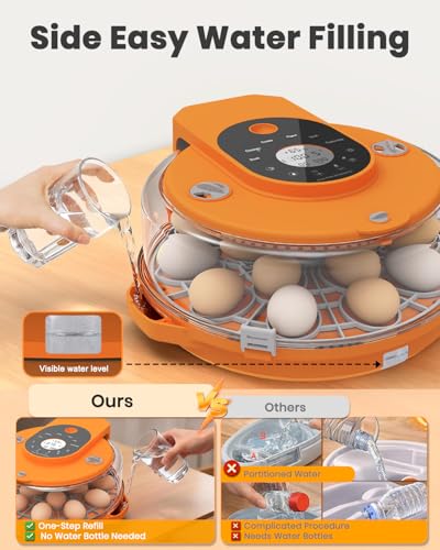 15 Egg Incubator with Side Water Refill, Auto Humidity Control, Automatic Egg Turner, Adjustable Temperature, Egg Candler, 2 Trays for Chicken, Duck, Quail & Goose Eggs